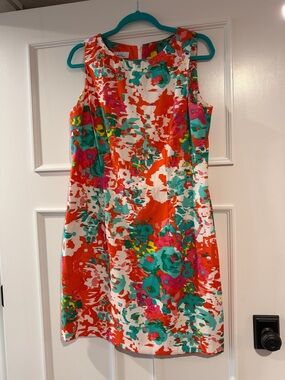 Alyx Sleeveless Floral Shift Dress in Orange, Teal Yellow White & Pink Size 16